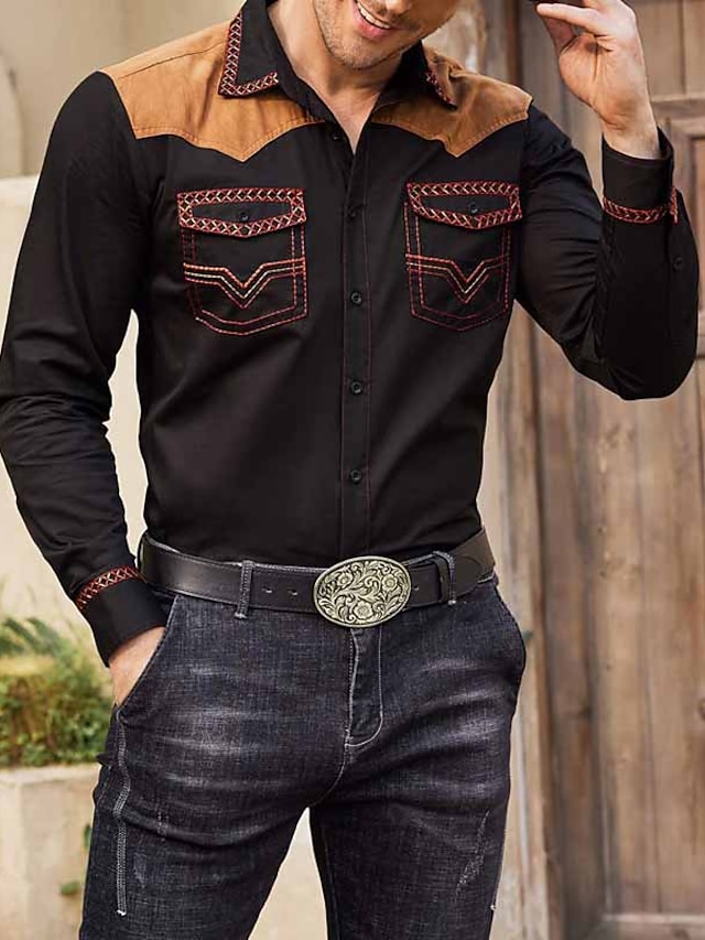  Herr Skjorta Västerländsk skjorta Grafiska tryck Cowboy Nedvikt Svart Rubinrött Blå Kaki Utomhus Gata Långärmad Mönster Kläder Mode Streetwear Designer Ledigt