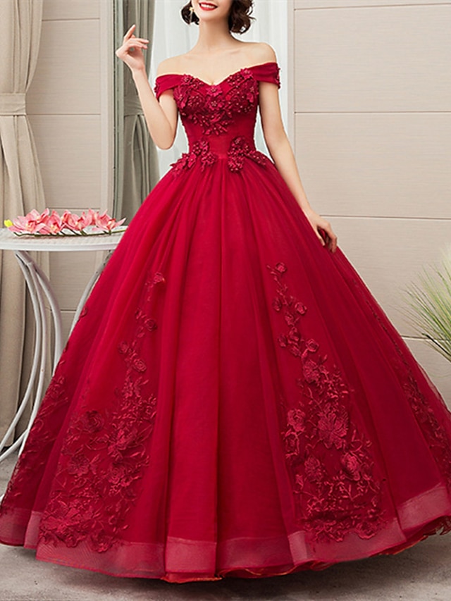  Rochie de bal Rochii de quinceanera Rochie de prințesă Quinceanera Lungime la podea Fără mâneci Off shoulder din poliester cu aplicații Rochie care impresionează