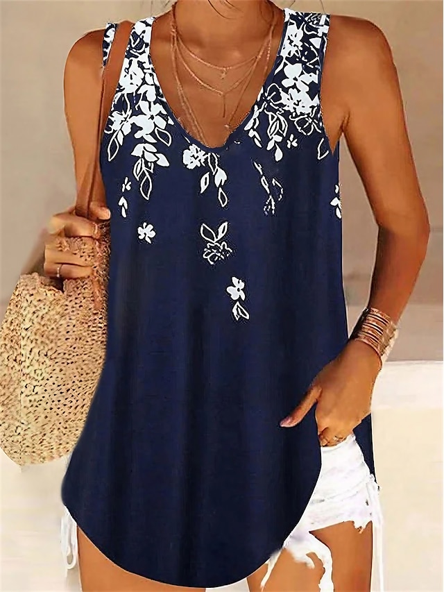  Women's Tank Top Camis Floral Casual Pink Blue Sky Blue Print Sleeveless V Neck Regular Fit