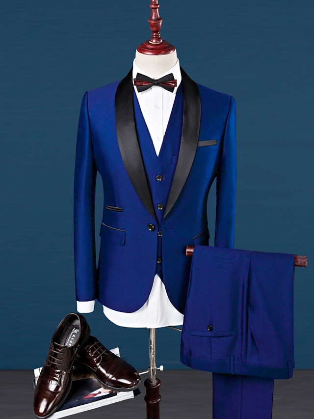  Pink Royal Blue Sky Blue Men's Prom Suits Wedding Prom Tuxedos 3 Piece Shawl Collar Solid Color Standard Fit Single Breasted One-button 2024