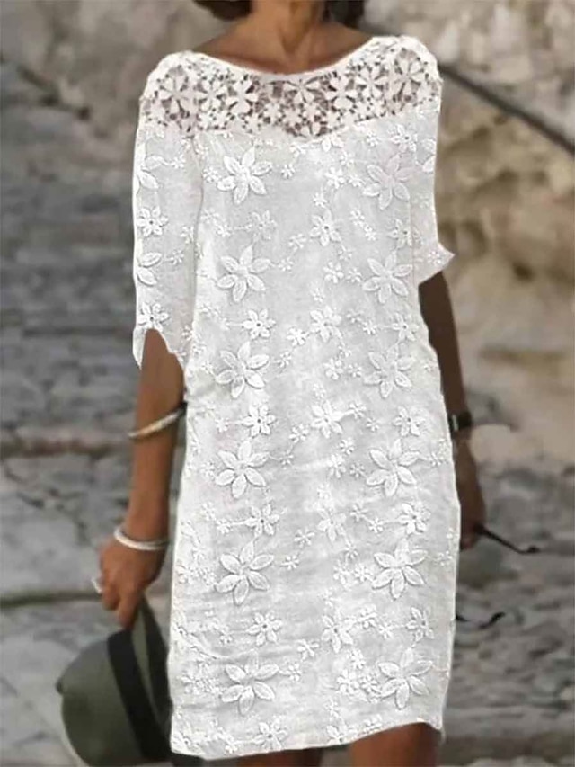  Damen Baumwoll-Leinenkleid Etuikleid Midikleid Kontrastspitze Bestickt Elegant Täglich Rundhalsausschnitt Halbe Ärmel Sommer Frühling Weiß