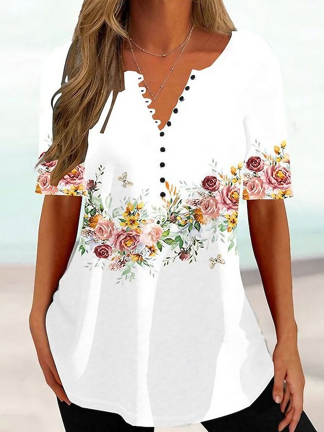 Women's T shirt Tee Henley Shirt Graphic Floral Black White Print ...