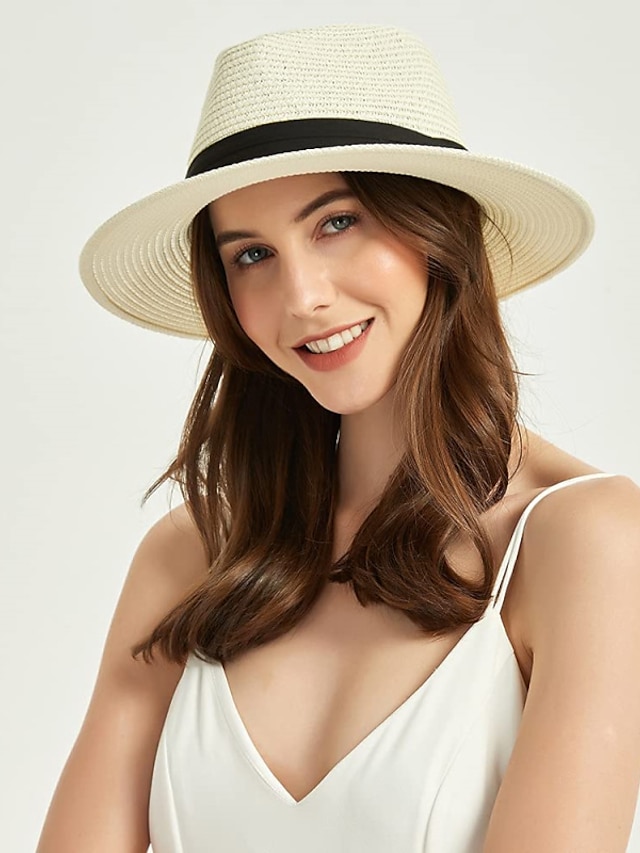 1 pcs Womens Mens Wide Brim Straw Panama Hat Fedora Summer Beach Sun Hat  Straw Hat for Women