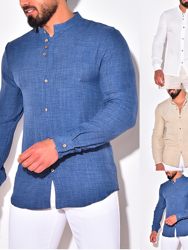  Men's Summer Shirt Beach Shirt White Blue Khaki Long Sleeve Plain Stand Collar Spring & Summer Casual Daily Clothing Apparel