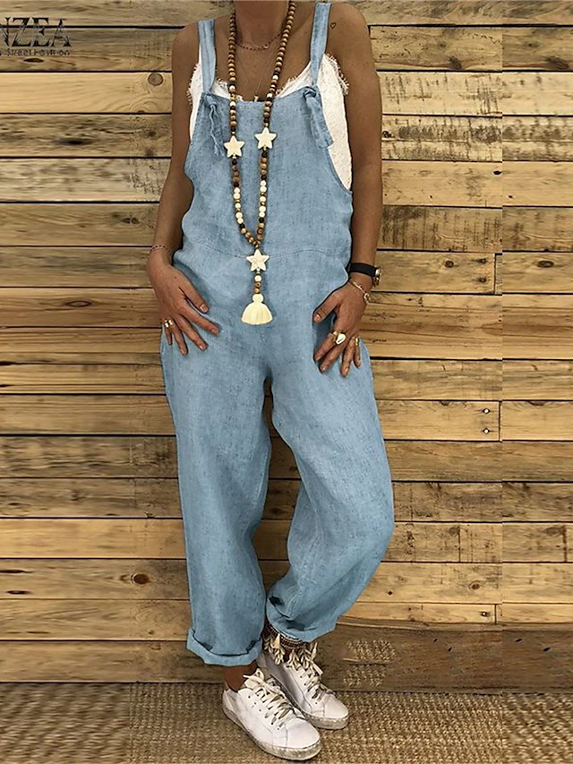 Women's Overall Bib Utility Pocket Solid Color Square Neck Streetwear Daily Vacation Regular Fit Sleeveless Black Wine Blue S M L Summer Fall Cowboy 11