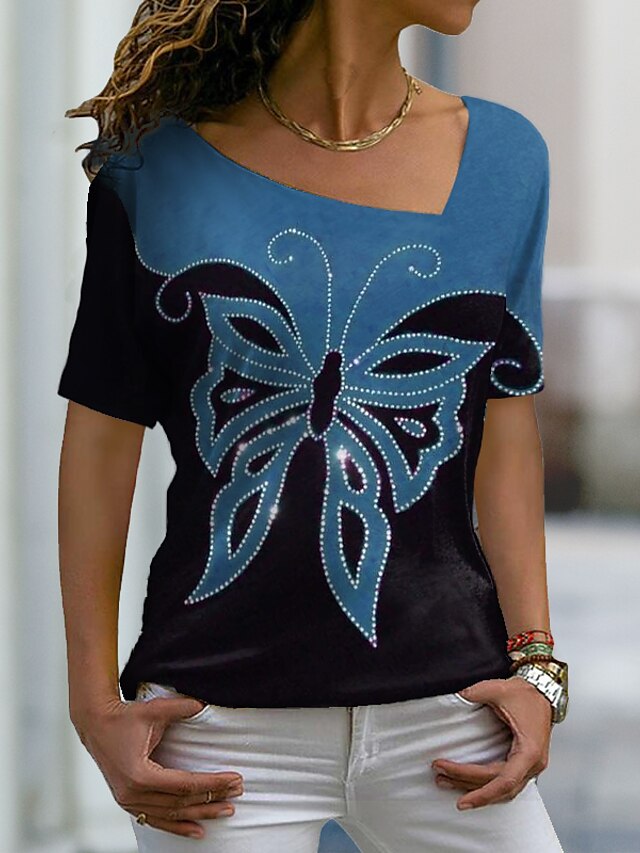  Women's T shirt Tee Red Blue Purple Butterfly Print Short Sleeve Daily Weekend Basic V Neck Regular Butterfly Painting S