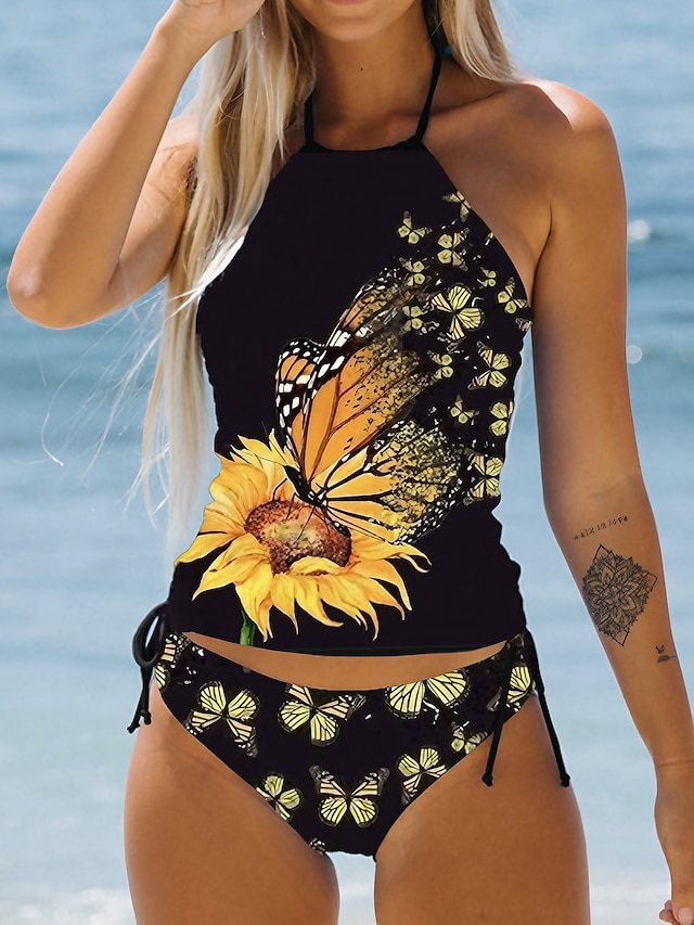  Women's Swimwear Tankini 2 Piece Normal Swimsuit 2 Piece Printing Sunflower Black Tank Top Bathing Suits Sports Beach Wear