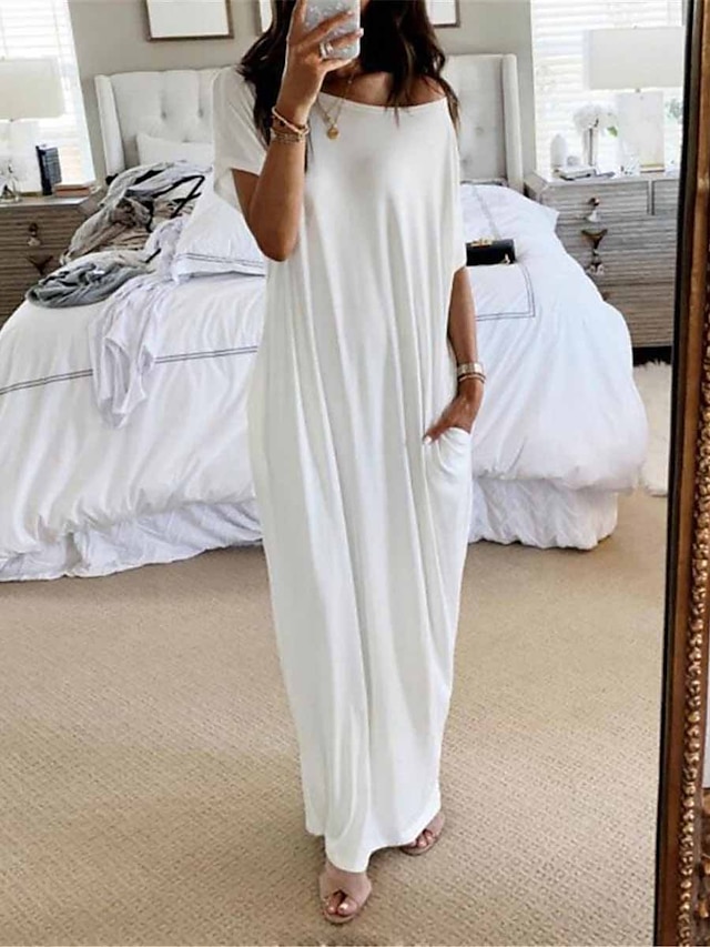  Women's Pajamas Nightgown Dress Pure Color Simple Casual Soft Home Daily Bed Polyester Breathable Short Sleeve Pocket Summer Spring