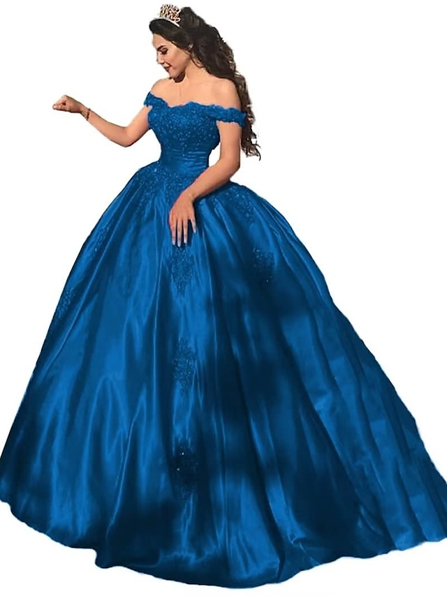  Pallomekko Ilta-asu Ylellinen Mekko Ystävänpäivä Quinceanera Kappeli Juna Lyhythihainen Off-shoulder Satiini Applikaatioilla