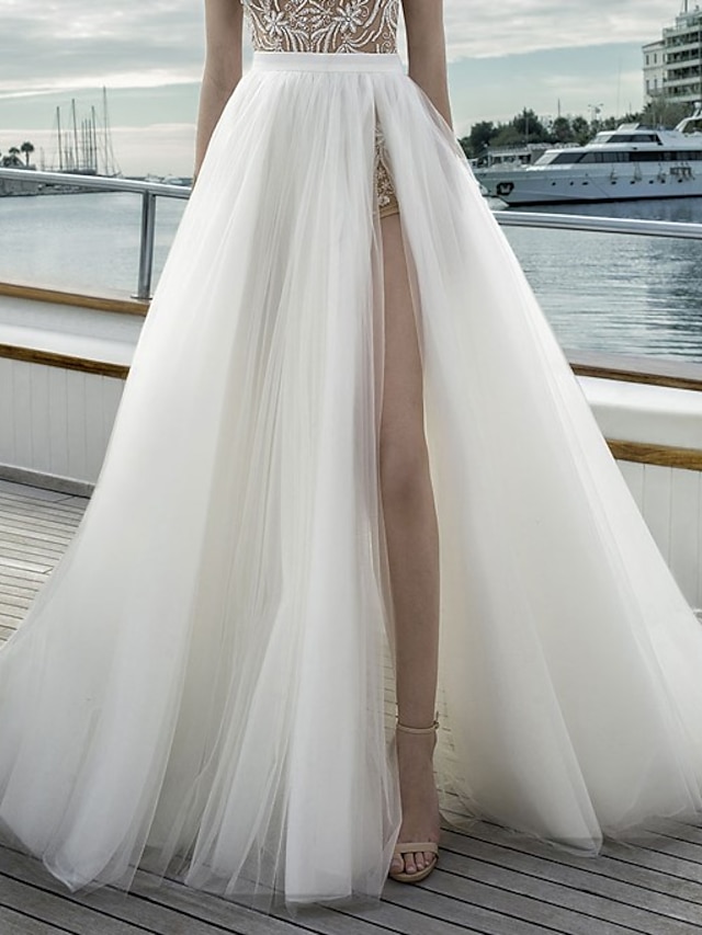  Пляжные простые свадебные платья трапеции с разделительным шлейфом, тюлевые свадебные юбки, свадебные платья с разрезом спереди, сплошной цвет 2024