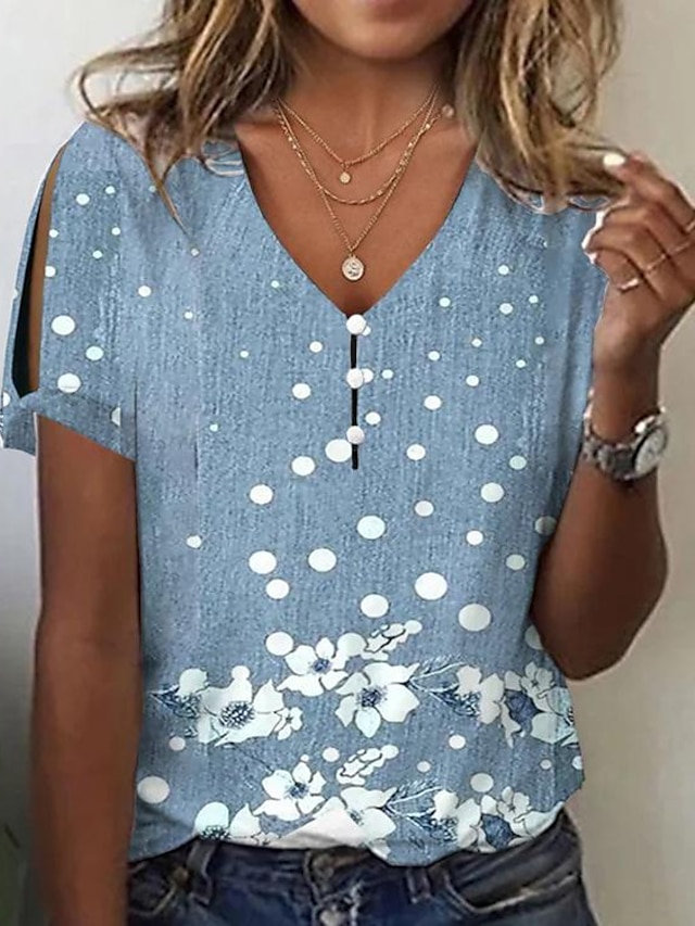 Women's T shirt Tee Henley Shirt Floral Button Cut Out Print Holiday ...