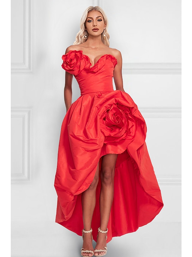  A-Line Cocktail Dress Red Green Dresses Celebrity Style Dress Party Wear Wedding Party Asymmetrical Sleeveless Strapless Satin with Shouder Flower 2024