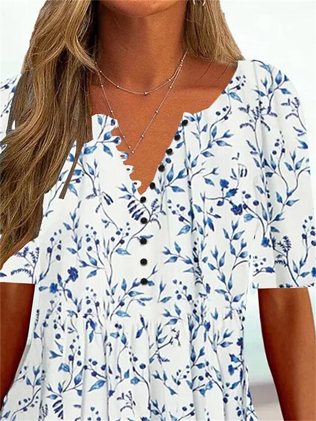 Women's Shirt Blouse Floral White Brown Button Print 3/4 Length Sleeve ...