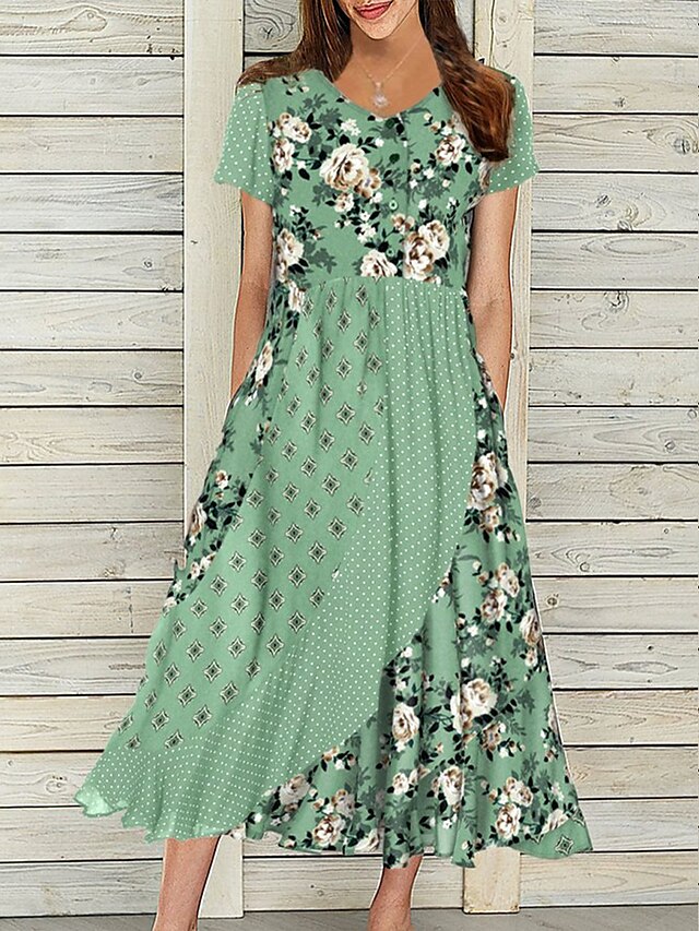 Damen Lässiges Kleid A Linie Kleid Sommerkleid Blumen Punkt Tasche Bedruckt V Ausschnitt