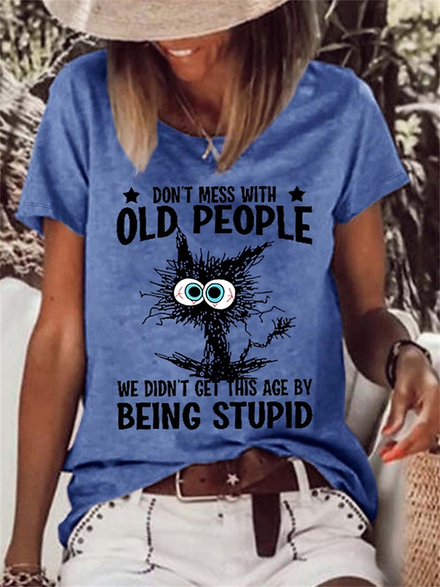 Pentru femei Tricou Pisica Scrisă Text De Bază Manșon scurt Rotund Topuri obișnuite Zilnic Sfârșit de săptămână Imprimeu Alb Roz Îmbujorat Albastru piscină Trifoi Gri Primăvară, toamnă, iarnă, vară