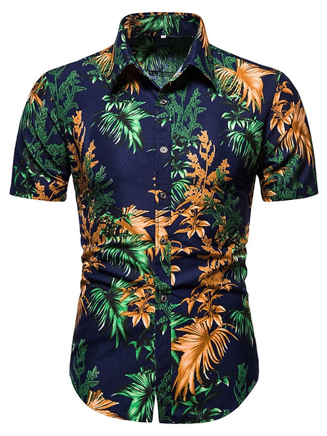  Men's Shirt Button Up Shirt Casual Shirt Summer Shirt Beach Shirt Dark Blue Short Sleeve Flower / Plants Shirt Collar Outdoor Going out Print Clothing Apparel Streetwear Stylish Casual