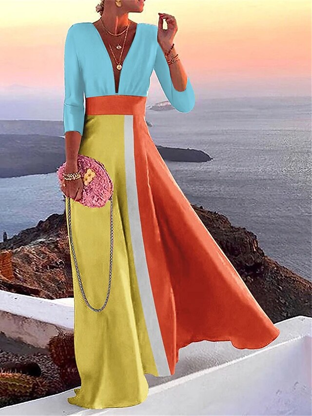 Women's Casual Dress Color Block Patchwork V Neck Maxi long Dress Casual Daily 3/4 Length Sleeve Summer Spring4