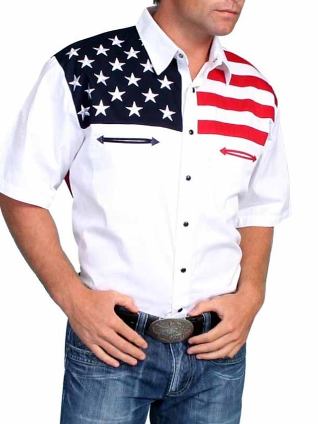  Męskie Koszula Koszula westernowa Wzory graficzne Flaga Ameryki Wieczorne Biały Żółty Szary Na zewnątrz Ulica Krótkie rękawy Nadruk Odzież Moda Designerskie Codzienny Miękkie