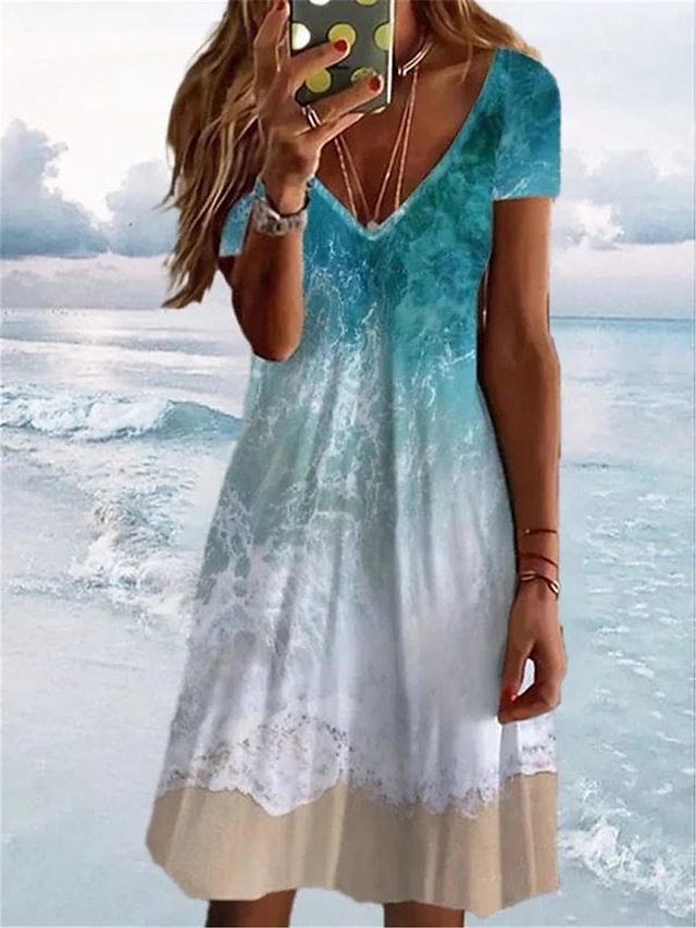  Dame Strand kjole Nuance Trykt mønster V-hals Midikjole Tropisk Strand Kortærmet Sommer Forår