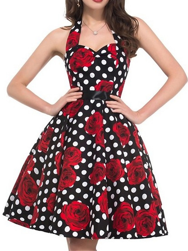  γυναικεία ρετρό vintage φορέματα τσαγιού της δεκαετίας του 1950 midi φόρεμα πάρτι διακοπών εξώπλατη στάμπα floral halter αμάνικο κανονική εφαρμογή καλοκαίρι άνοιξη 2023 μαύρο λευκό s m l xl