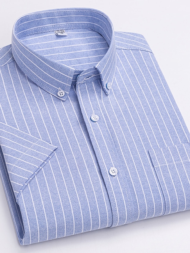  Men's Shirt Dress Shirt Oxford Shirt Light Blue White Blue Short Sleeve Striped Turndown Spring &  Fall Wedding Office & Career Clothing Apparel Print