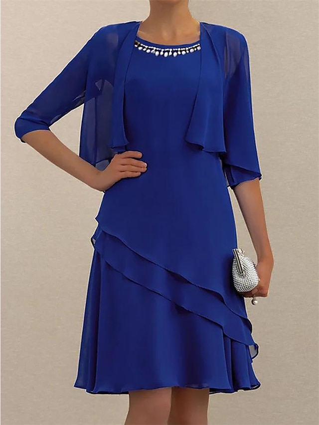  Damen Kleid-Set Arbeitskleidung Kleid für Hochzeitsgäste Chiffonkleid Elegant Mode Einfach Rüsche Patchwork Minikleid Halbarm Rundhalsausschnitt Büro Hochzeitsgast Blau Sommer Frühling Normale