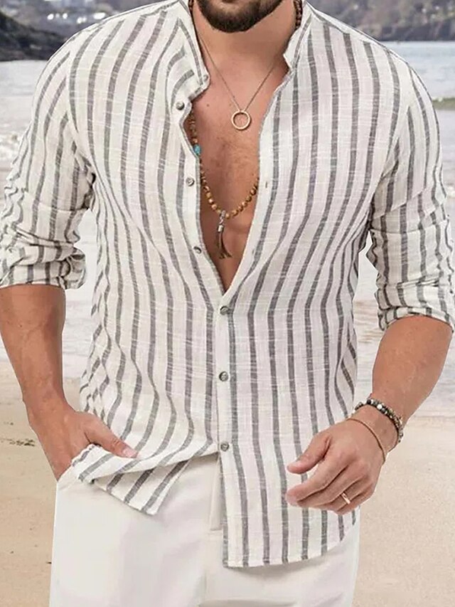  Per uomo Maglietta informale Camicia estiva Camicia da spiaggia Bianco Rosa Blu Manica lunga A strisce Colletto Primavera estate Hawaiano Per eventi Abbigliamento Stampa