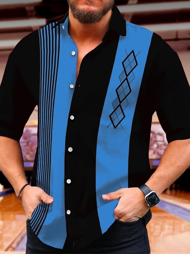  Herren Hemd Knopfhemd Sommerhemd Bowling-Shirt Geometrisch Grafik-Drucke Umlegekragen Schwarz Wein Rote Blau Täglich Urlaub Kurzarm Bedruckt Bekleidung Modisch 1950s Brautkleider schlicht Komfortabel