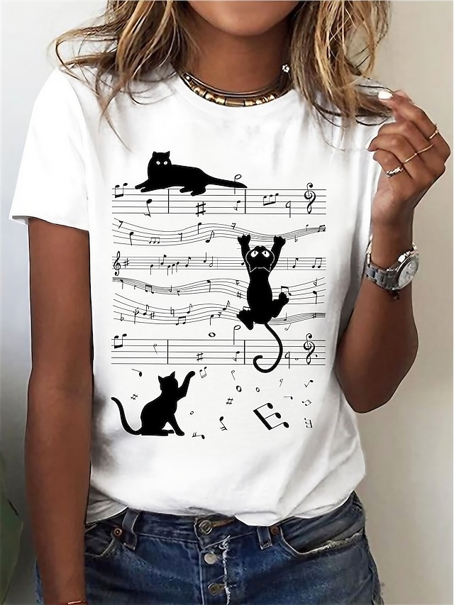  Mujer Camiseta Gato Música Diario Fin de semana Estampado Impresión personalizada Manga Corta Básico Escote Redondo