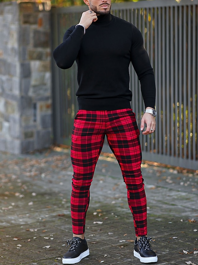 Men's Trousers Chinos Chino Pants Plaid Dress Pants Pocket Plaid