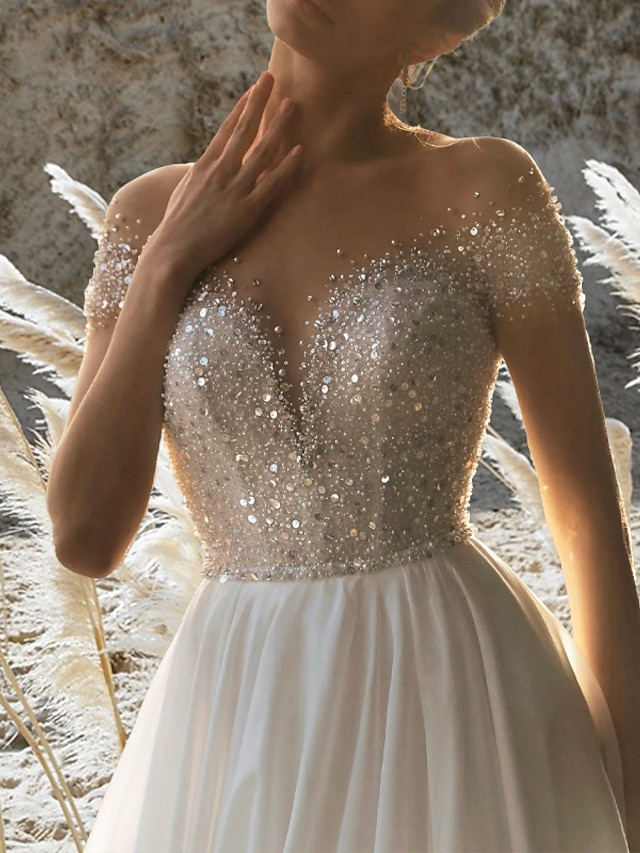 Beach Wedding Beach Formal Wedding Dresses A-Line Off Shoulder Short Sleeve Court Train Chiffon Bridal Gowns With Pleats Beading main image 1