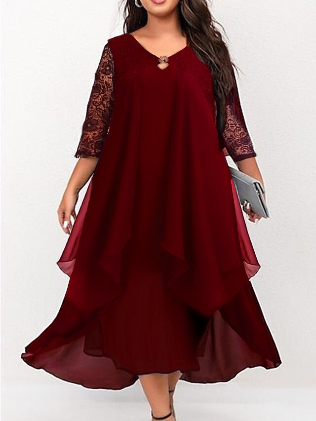 Women‘s Plus Size Curve Work Dress Chiffon Dress Swing Dress Long Dress Maxi Dress 3/4 Length
