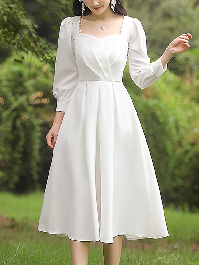 Reception Little White Dresses Wedding Dresses A-Line Sweetheart Strapless Tea Length Satin Bridal Gowns With Sash / Ribbon Solid Color main image 1