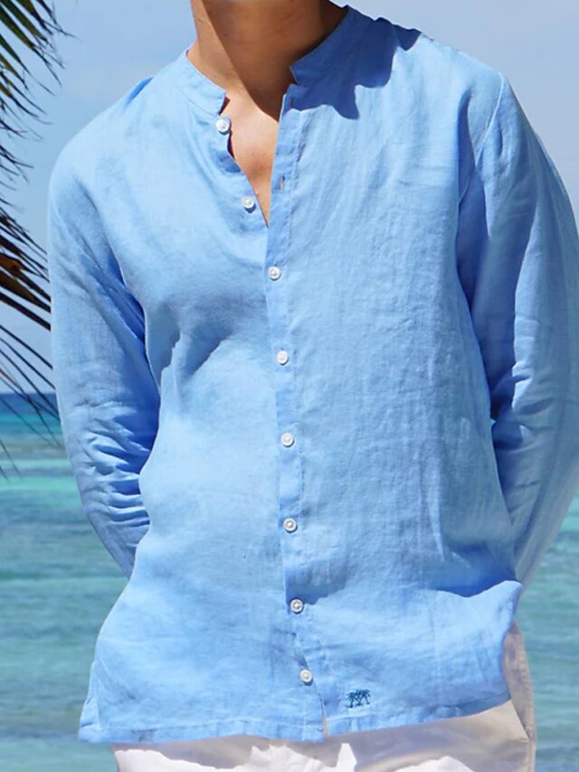 Mens Linen Shirt Summer Shirt Beach Shirt White Light Green Blue Long Sleeve Plain Collar 4798