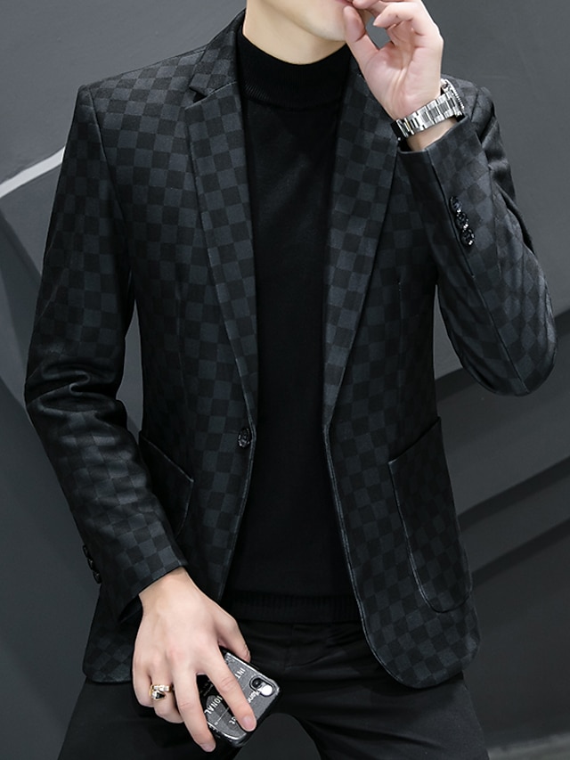  Men's Checked Casual Blazer Jacket Regular Standard Fit Geometry Single Breasted One-button Black White 2024