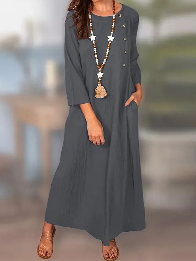 Women's Casual Dress Cotton Summer Dress Maxi Dress Linen Button Pocket Classic Casual Daily Vacation Crew Neck Long Sleeve Summer Spring Fall ArmyGreen Navy Blue Pure Color
