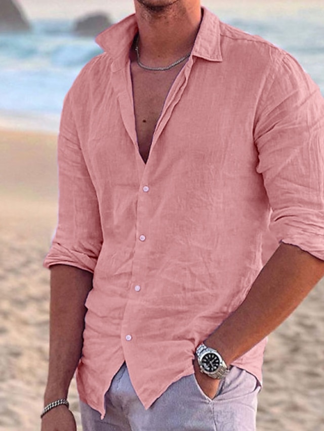  Men's Linen Shirt Solid Color Turndown Street Casual Button-Down Long Sleeve Tops Casual Fashion Breathable Comfortable Pink