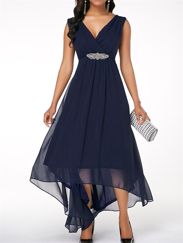  A-Line Wedding Guest Dresses High Low Dress Wedding Party Asymmetrical Sleeveless V Neck Chiffon with Ruched 2023
