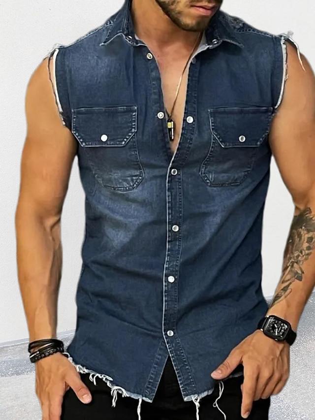  Homens camisa de botão camisa de verão Camisa jeans Preto Azul Sem Manga Tecido Aberto para a Lateral Diário Férias Ganga Roupa Moda Casual Confortável