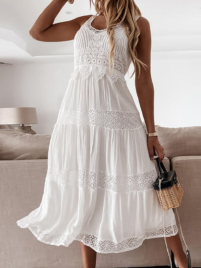  robe blanche en dentelle pour femme, dentelle unie, ajourée, col en V, robe midi élégante, classique, rendez-vous quotidien, sans manches, été, printemps
