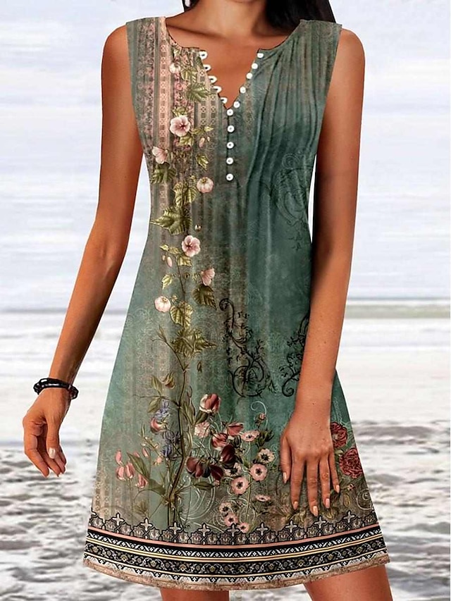  Damen Tank-Top Kleid Blumen Rüschen Taste V Ausschnitt Minikleid Ethnisch Täglich Urlaub Ärmellos Sommer Frühling