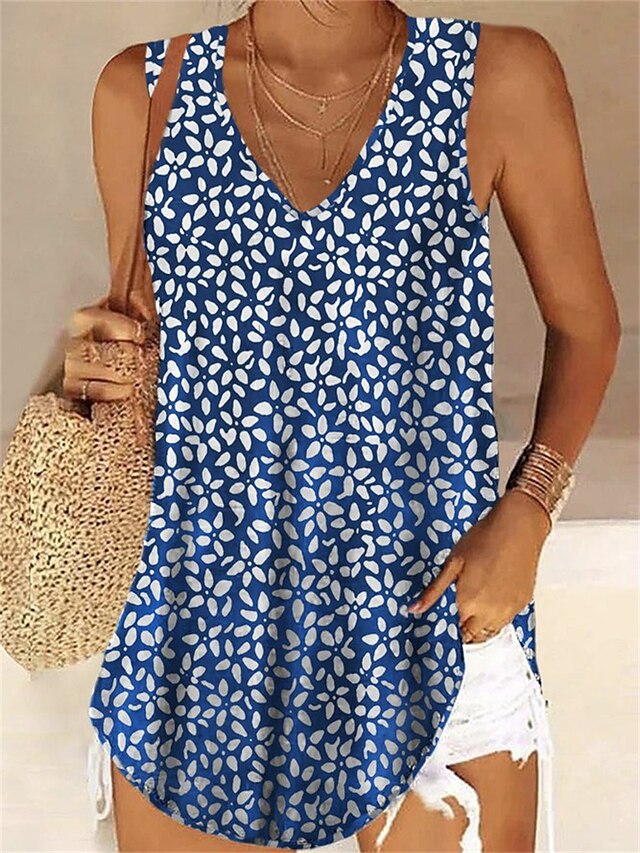 Women's Tank Top Blue Floral Print Sleeveless Casual Holiday Basic V ...