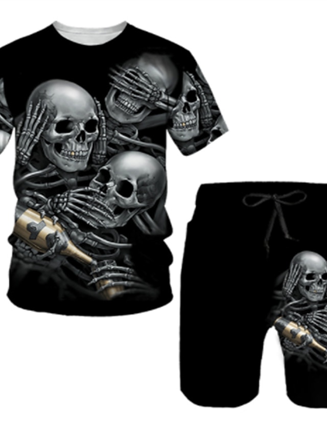  See No Evil Hear Speak Gothic Mens 3D Shirt For Halloween | Black Summer Cotton | Men'S Shorts And Set Outfits Graphic Skulls Crew Neck Clothing Apparel 3D Print Outdoor Daily Sleeve 2 Piece