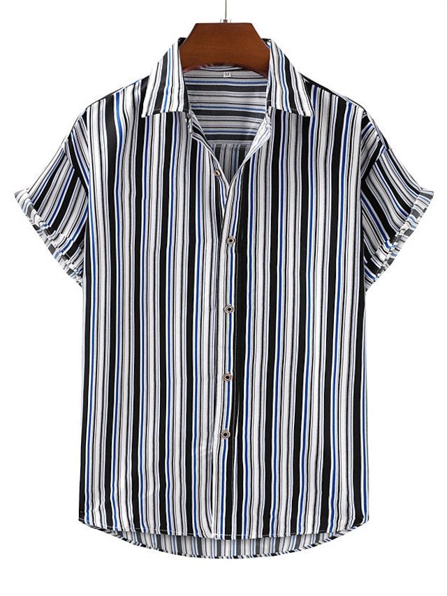  Men's Button Up Shirt Summer Shirt Casual Shirt Black Short Sleeve Stripe Shirt Collar Outdoor Going out Print Clothing Apparel Streetwear Stylish Casual