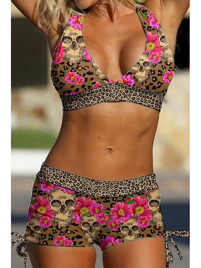  Women's Swimwear Bikini Normal Swimsuit 2 Piece Printing Leopard Skull Brown Bathing Suits Sports Beach Wear Summer