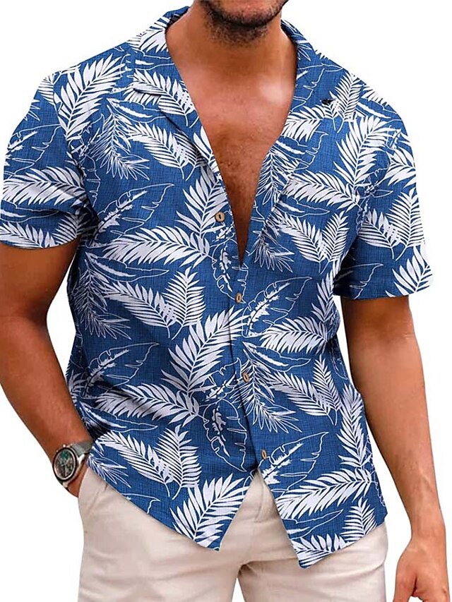  Men's Summer Hawaiian Shirt Light Pink Black Light Green Red Royal Blue Short Sleeves Floral Plants Turndown Outdoor Street Button-Down Clothing Apparel Cotton Fashion Casual Soft Breathable