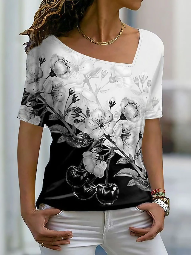 Women's T shirt Tee Black White Navy Blue Floral Print Short Sleeve ...
