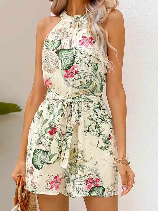 Damen Kurz Jumpsuit mit Schnürung Bedruckt Blumen Neckholder