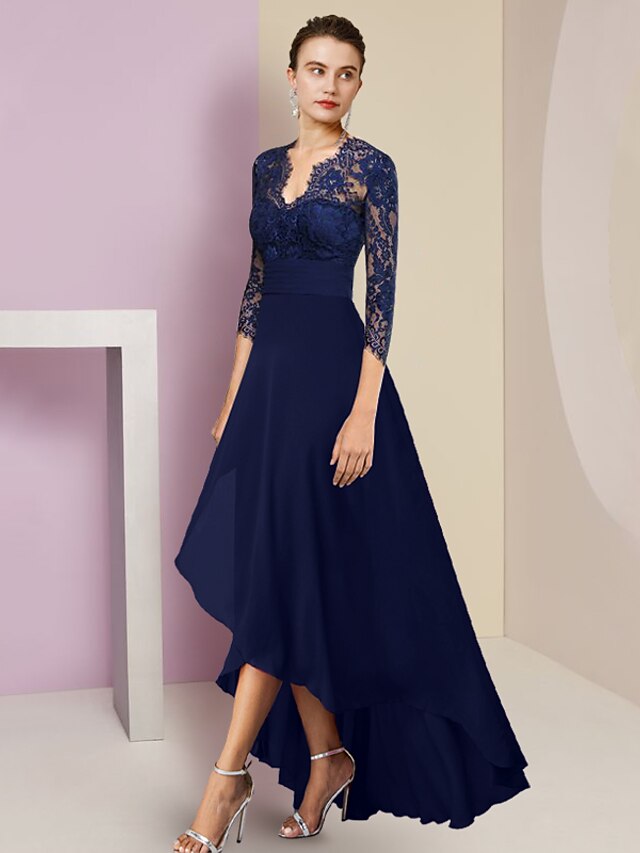 A-Line High Low Half Sleeves V Neck Mother of the Bride Dress main image 0