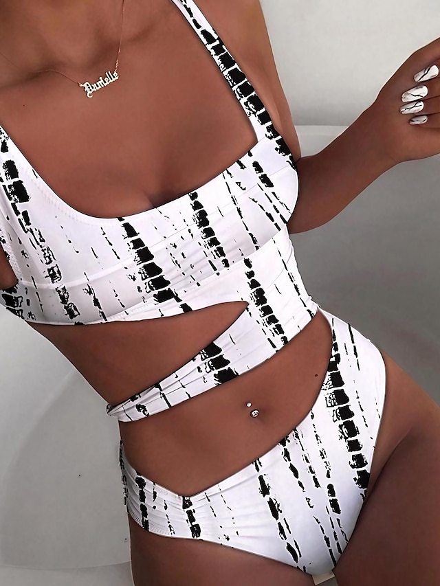 Women's Swimwear One Piece Normal Swimsuit Cut Out Solid Color Tie Dye White flowers Black and Rose Black White Red Bodysuit Bathing Suits Sports Beach Wear Summer